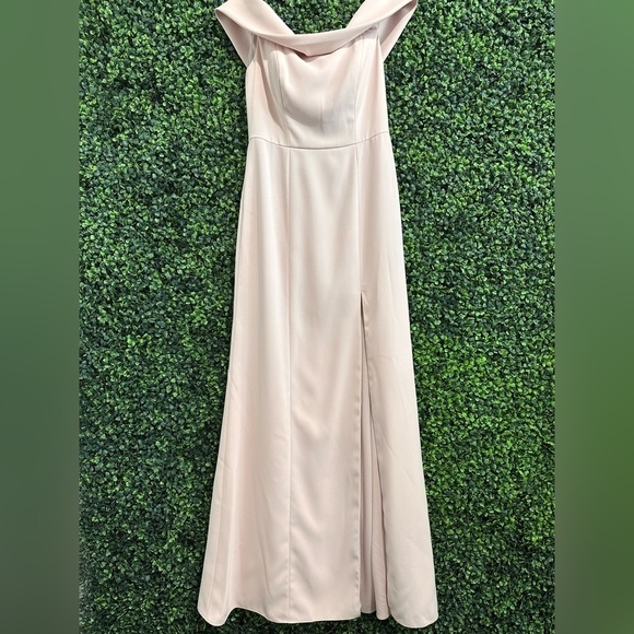 Dessy Collection Off Shoulder Crepe Bridesmaid Dress in size 0 color blush. - Picture 14 of 14